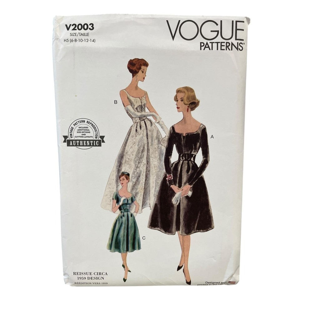 Vogue V2003 Misses Dress Pattern Size 6-14 Vintage 1959 Reissue